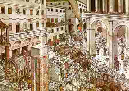 Disegno ricostruttivo di un quartiere romano con insulae e la folla nelle strade (di G. Albertini)