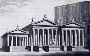 Ricostruzione ipotetica dei tre templi del Foro Olitorio ad opera di LUIGI CANINA (1851): a destra il Tempio di Giano, col Teatro di Marcello 