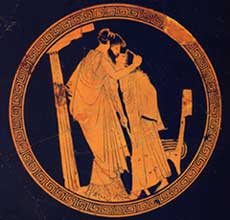 Interno di coppa attica a figure rosse con scena amorosa tra un uomo e un giovinetto, inizi del V secolo a.C., del Pittore di Briseide (Paris, Muse du Louvre)