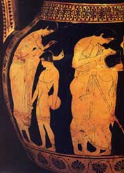 Anfora attica a figure rosse con scena di incontri amorosi fra uomini e fanciulli in palestra, fine del VI secolo a. C., del Pittore di Dikaios ( Paris, Muse du Louvre)