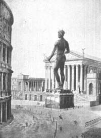 Ricostruzione ideale del Colosso di Nerone e del vicino Anfiteatro Flavio nel V secolo d.C., a cura di CYRO NISPI-LANDI (primi anni del XX secolo)