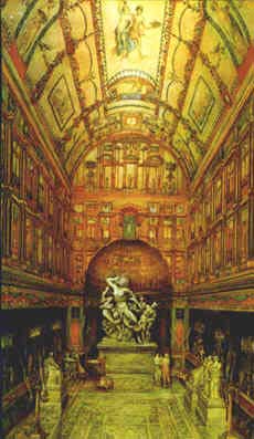 Un disegno di G. Chedanne ricostruisce una delle sale della Domus Aurea: sul fondo il gruppo scultoreo del Lacoonte
