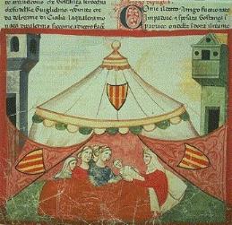 Nascita di Federico II sulla piazza di Jesi (dalla "Cronica" illustrata di Giovanni Villani, ms Chigi L VIII.296 - Biblioteca Apostolica Vaticana)