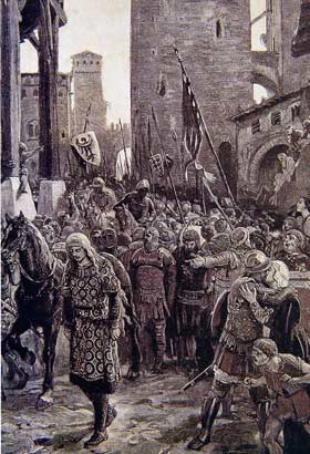 Re Enzo condotto prigioniero a Bologna, incisione di LUDOVICO PAGLIAGHI (XIX secolo)