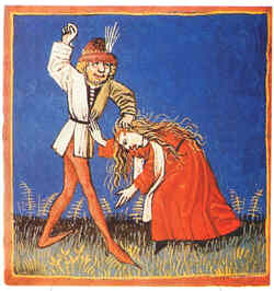 Miniatura medievale raffigurante un marito che picchia la moglie