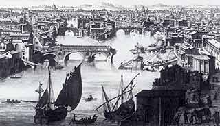Incizione del XVIII secolo con il Ponte Emilio crollato (solo tre arcate) e, in fondo, l'isola Tiberina