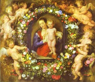 PIETR PAUL RUBENS - JAN BRUEGHEL IL VECCHIO, Madonna col Bambino entro una ghirlanda floreale, 1616-18 (Mnchen, Alte Pinakothek)