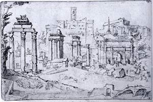 da sinistra: tempio Dioscuri, tempio Saturno, tempio Vespasiano, arco di Settimio Severo, di Maarten van Heemskerk, Vedute del foro Romano con preparativi per l'ingresso di Carlo V, 1536