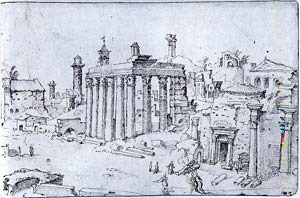da sinistra: curia, basilica Emilia, tempio Antonino e Faustina, tempio Divo Romolo, di Maarten van Heemskerk, Vedute del foro Romano con preparativi per l'ingresso di Carlo V, 1536