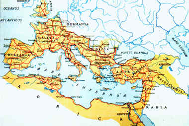 Carta del Mediterraneo con i percorsi delle vie consolari all'epoca della massima espansione dell'Impero (II secolo d.C.) 